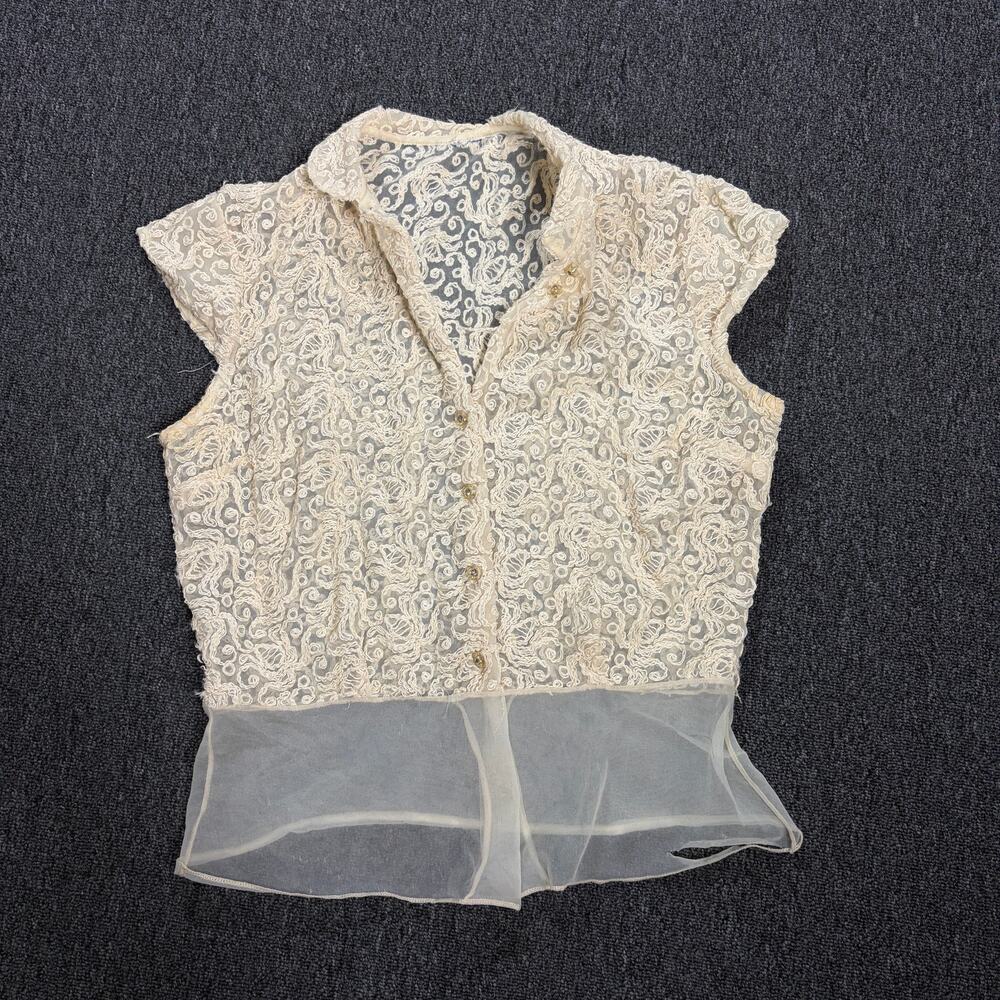 Vintage Y2k Embroidered Lace Cross Stitch Sheer Ivory Short Sleeve Button up S